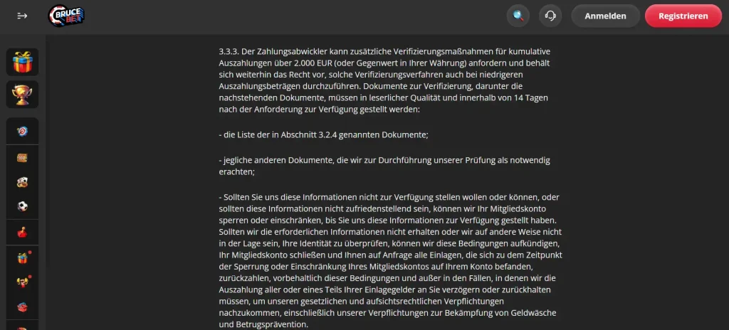Geschäftsbedingungen von Bruce Bet mit Regeln zur Prüfung und Bearbeitung von Auszahlungen