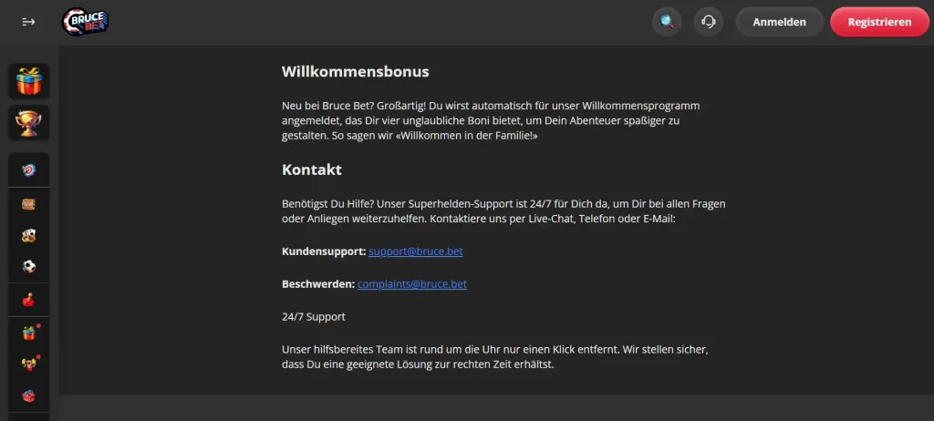 Kontaktbereich von Bruce Bet mit Angaben zu Kundensupport und Beschwerden