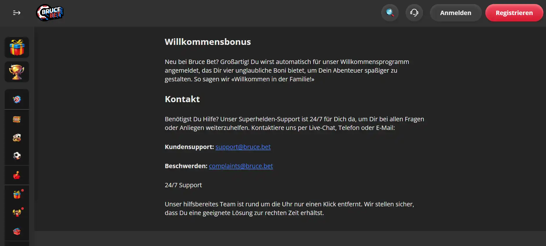 Kontaktbereich von Bruce Bet mit Angaben zu Kundensupport und Beschwerden