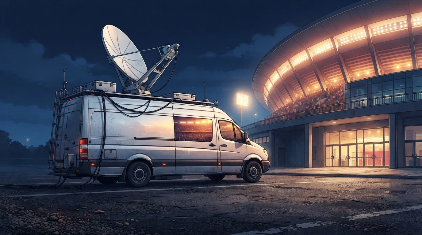Übertragungswagen mit Satellitenschüssel am Stadion während eines Sportereignisses